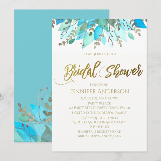 Invitación Ducha de novia floral de hoja azul (Anverso / Reverso)