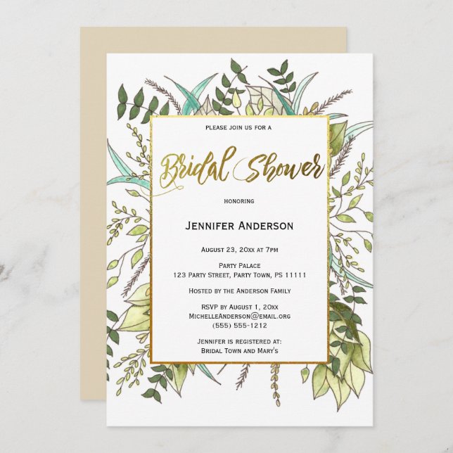 Invitación Ducha de novia floral de hoja verde (Anverso / Reverso)