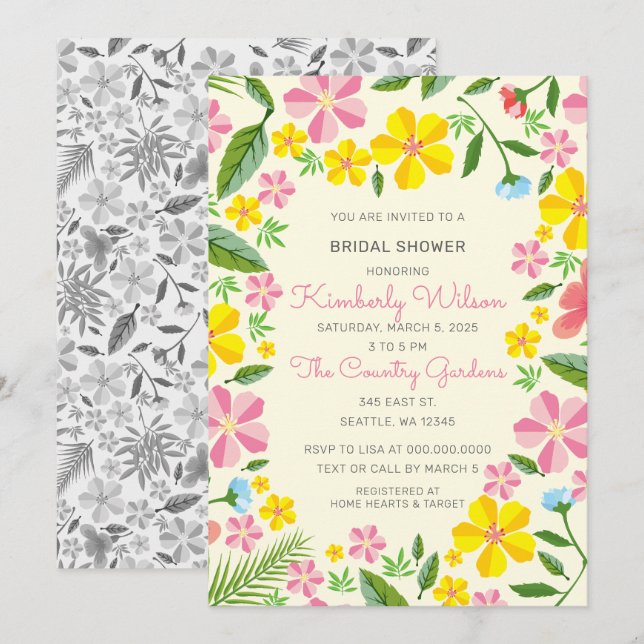 Invitación Ducha de novia floral de jardín amarillo y rosa (Anverso / Reverso)