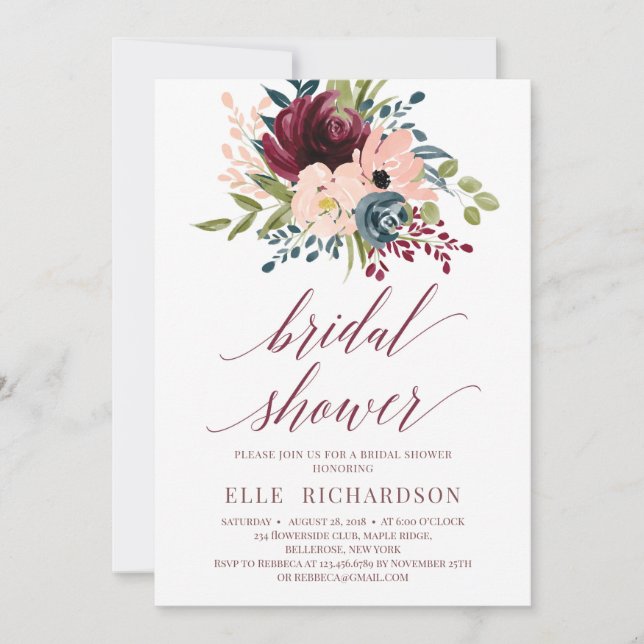 Invitación Ducha de novia floral de la marina borgoñona roja (Anverso)