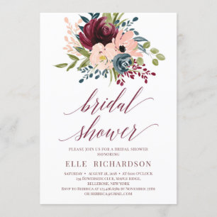 Invitación Ducha de novia floral de la marina borgoñona roja
