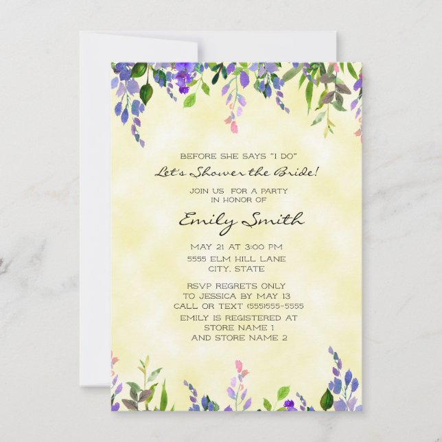 Invitación Ducha de novia floral de lavanda amarilla (Anverso)