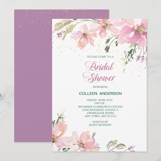 Invitación Ducha de novia floral de lavanda rosa (Anverso / Reverso)
