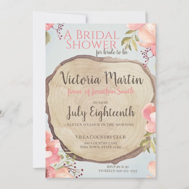 Invitación Ducha de novia floral de leña (Anverso)