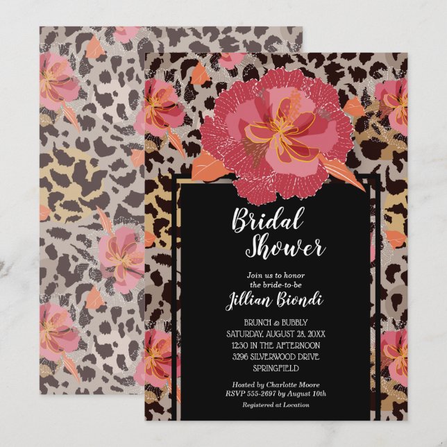 Invitación Ducha de novia floral de leopardo (Anverso / Reverso)