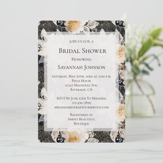 Invitación Ducha de novia floral de leopardo negro crema (Anverso de pie)