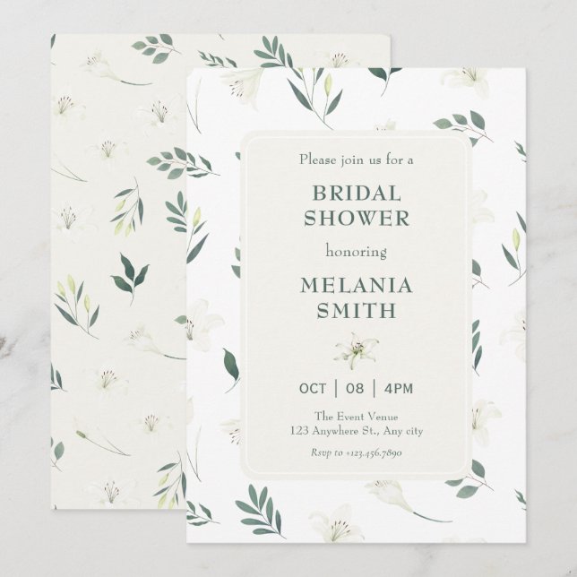 Invitación Ducha de novia floral de lilirio blanco (Anverso / Reverso)