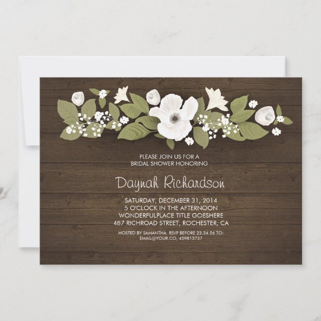 Invitación ducha de novia floral de madera rústica (Anverso)