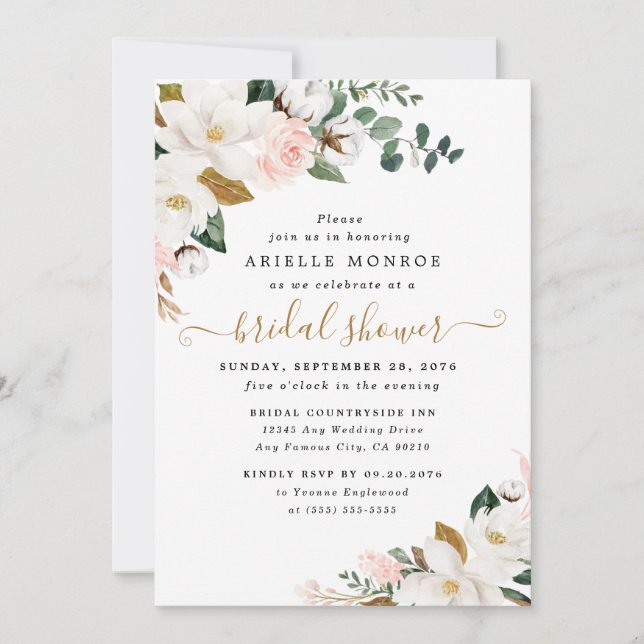 Invitación Ducha de novia floral de magnolia blanca y rosa de (Anverso)