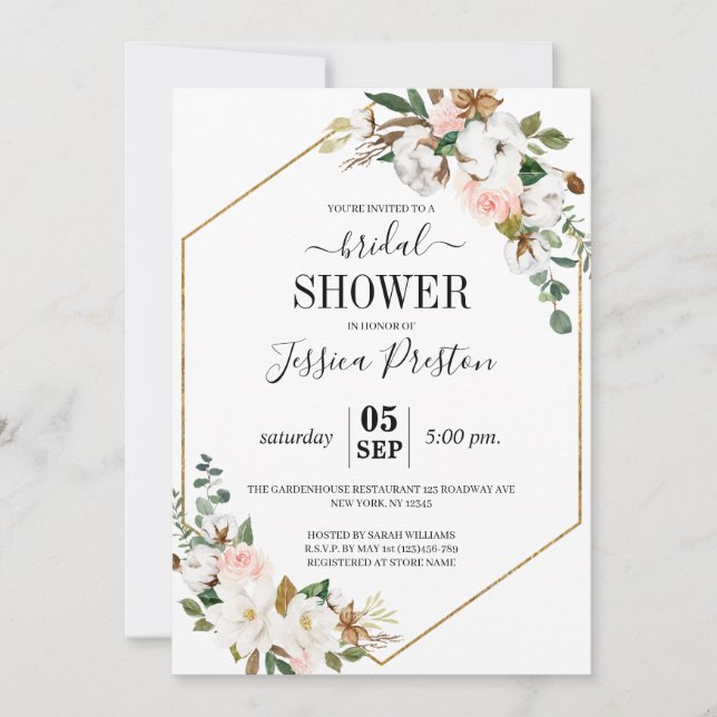 Invitación Ducha de novia floral de Magnolia blanca y Rubor (Anverso)