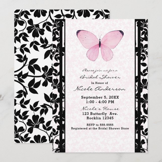 Invitación Ducha de novia floral de mariposa negra y rosa (Anverso / Reverso)