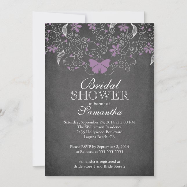 Invitación Ducha de novia floral de mariposa púrpura (Anverso)
