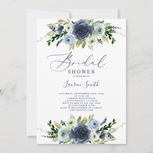 Invitación Ducha de novia floral de Navy Blue (Anverso)