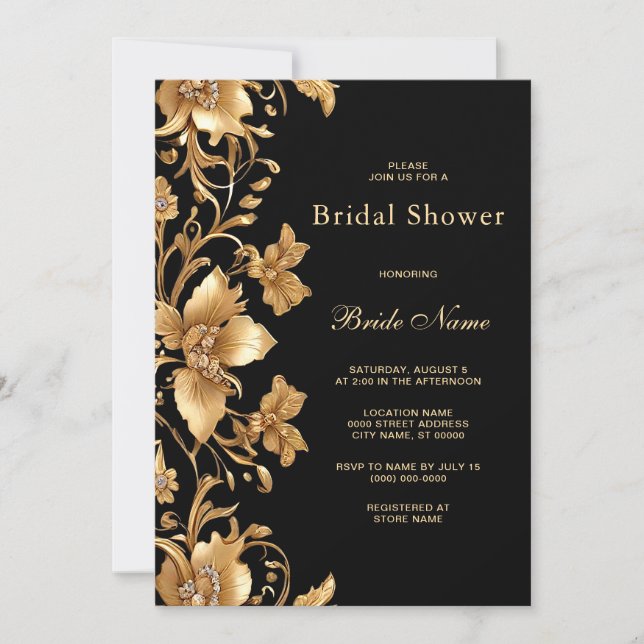 Invitación Ducha de novia floral de ornato negro dorado (Anverso)