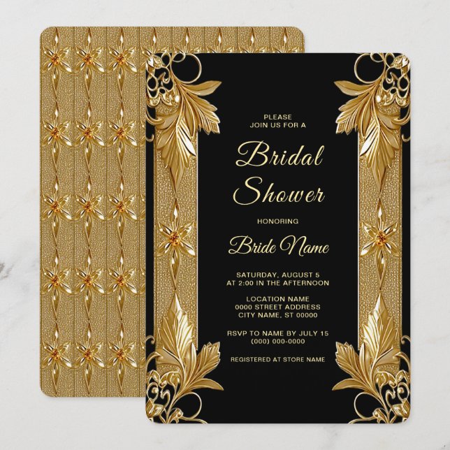 Invitación Ducha de novia floral de ornato negro dorado (Anverso / Reverso)