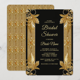 Invitación Ducha de novia floral de ornato negro dorado