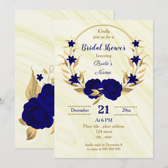 Invitación ducha de novia floral de oro azul real (Anverso / Reverso)