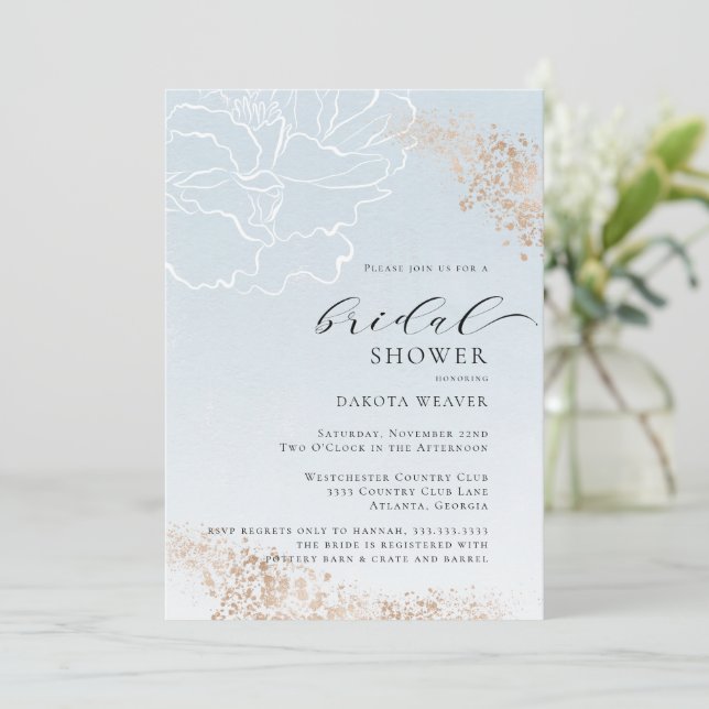 Invitación Ducha de novia floral de oro azul suave (Anverso de pie)