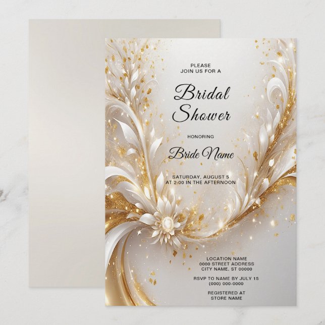 Invitación Ducha de novia floral de oro blanco (Anverso / Reverso)