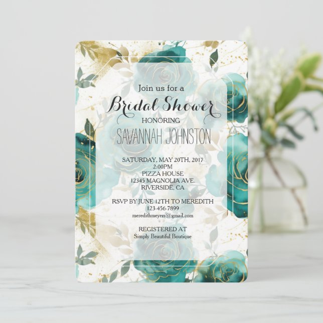 Invitación Ducha de novia floral de oro blanco verde azulado (Anverso de pie)