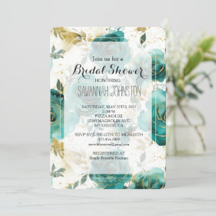 Invitación Ducha de novia floral de oro blanco verde azulado