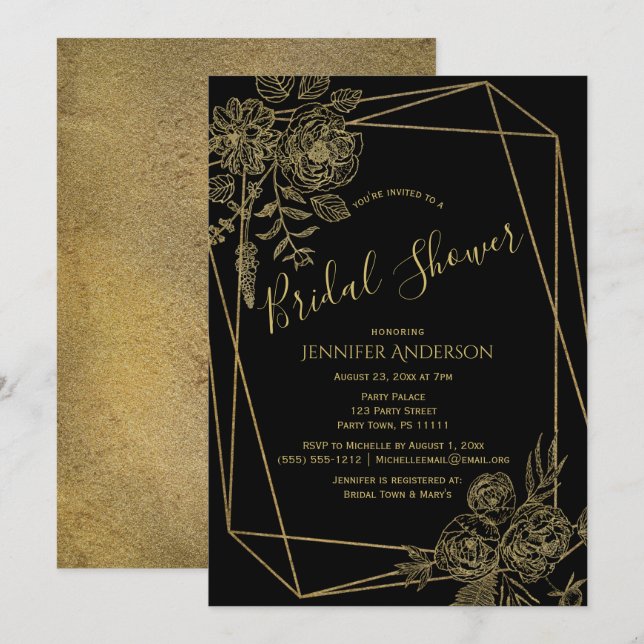 Invitación Ducha de novia floral de oro negro (Anverso / Reverso)