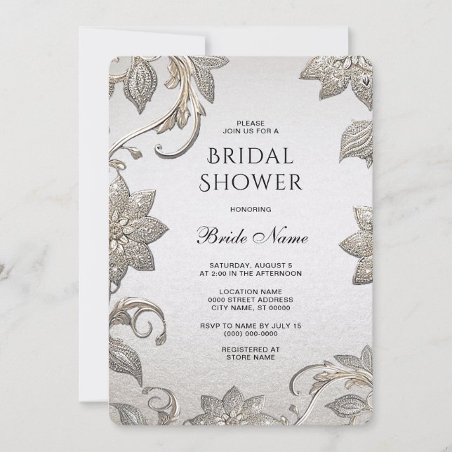 Invitación Ducha de novia floral de oro plateado (Anverso)