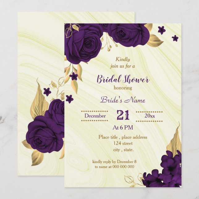 Invitación ducha de novia floral de oro púrpura real (Anverso / Reverso)