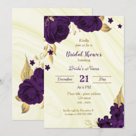 Invitación ducha de novia floral de oro púrpura real