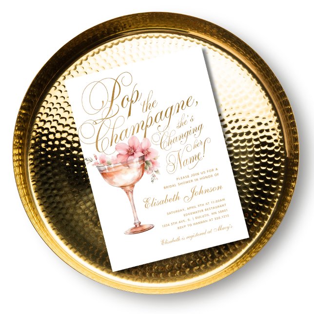 Invitación Ducha de Novia Floral de Oro Rosa Brindis con Cham (Pink Gold Floral Pop the Champagne Bridal Shower Invitation)