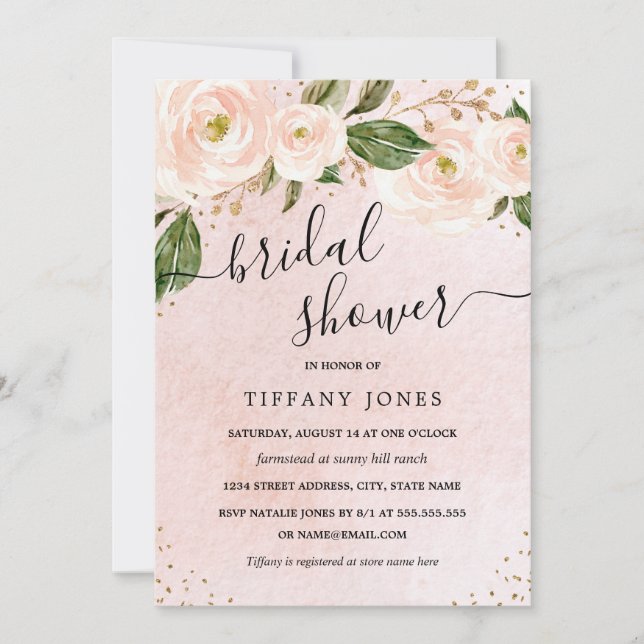 Invitación Ducha de novia floral de oro rosa Rubor (Anverso)