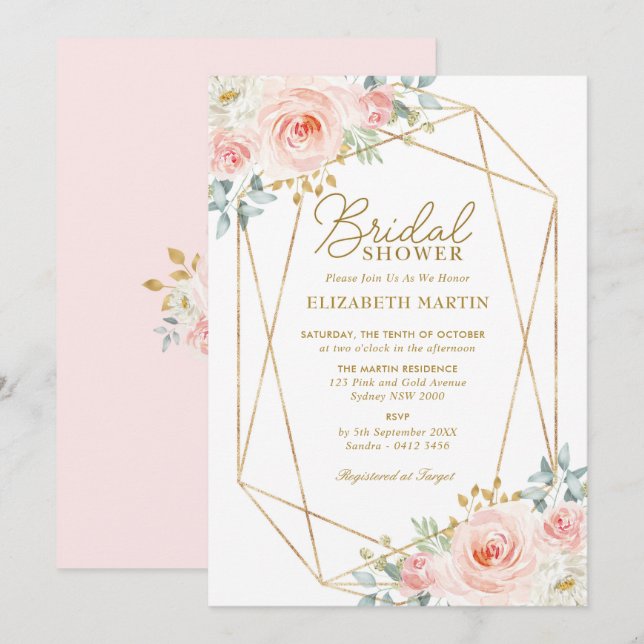 Invitación Ducha de novia floral de oro rosado de Rubor geomé (Anverso / Reverso)