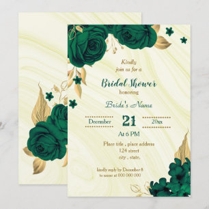 Invitación ducha de novia floral de oro verde esmeralda