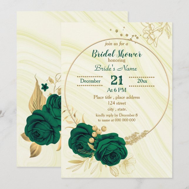 Invitación ducha de novia floral de oro verde esmeralda (Anverso / Reverso)