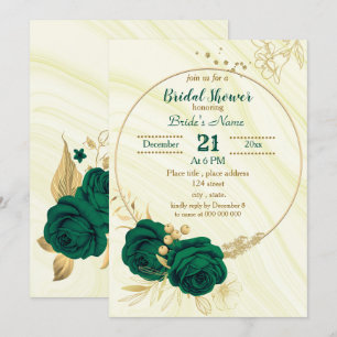 Invitación ducha de novia floral de oro verde esmeralda