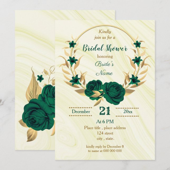Invitación ducha de novia floral de oro verde esmeralda (Anverso / Reverso)