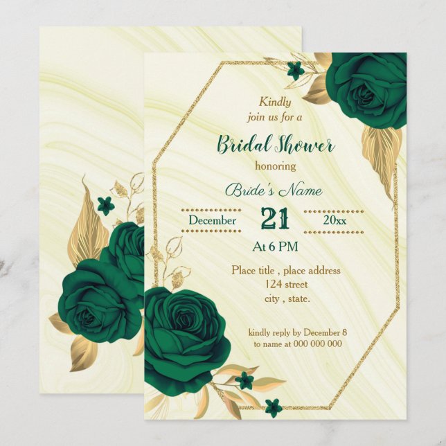 Invitación ducha de novia floral de oro verde esmeralda (Anverso / Reverso)