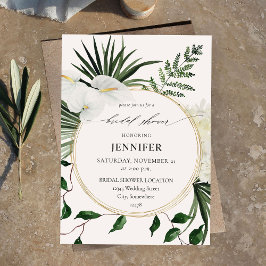 Invitación Ducha de novia floral de palmera y blanco tropical