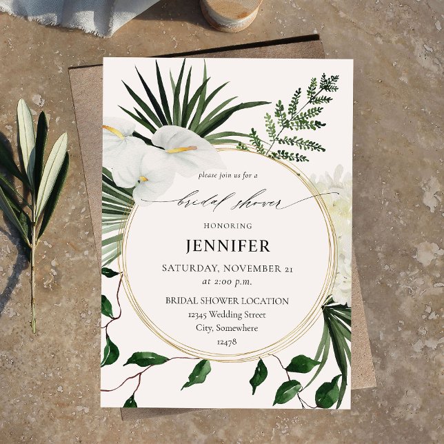 Invitación Ducha de novia floral de palmera y blanco tropical (Subido por el creador)