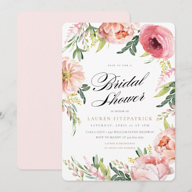 Invitación Ducha de novia floral de peonía rosada Rubor (Anverso / Reverso)