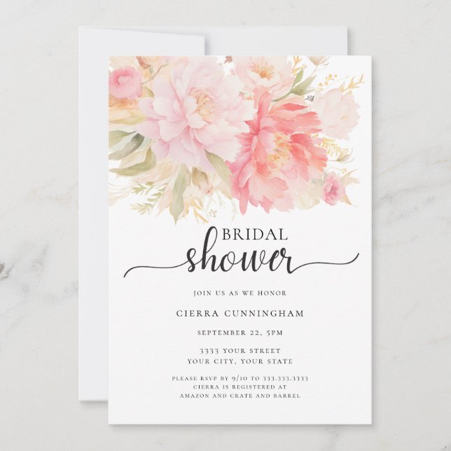 Invitación Ducha de novia floral de peonía rosada Rubor (Anverso)