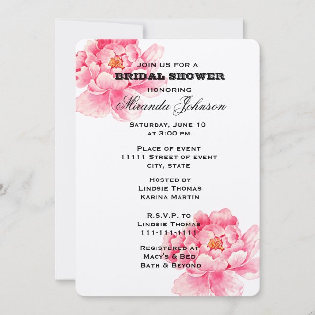 Invitación Ducha de novia floral de peonies rosados (Anverso)