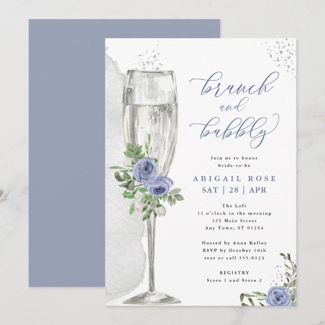 Invitación Ducha de novia floral de plata azul brunch (Anverso / Reverso)