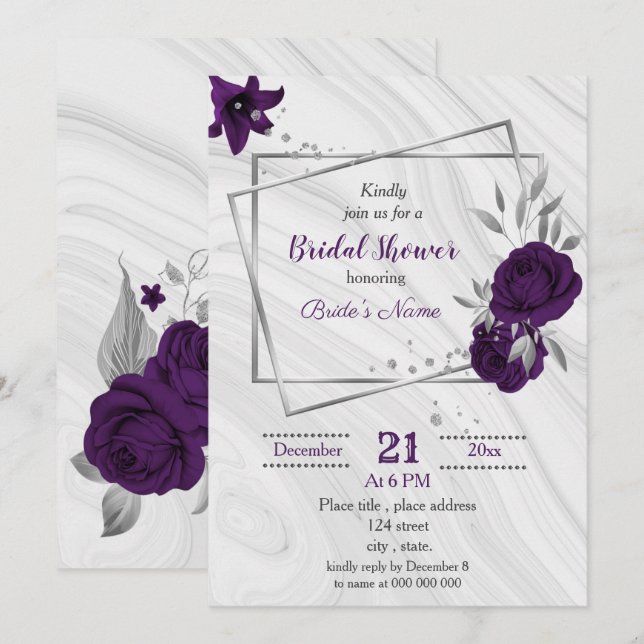 Invitación ducha de novia floral de plata púrpura real (Anverso / Reverso)