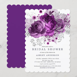 Invitación Ducha de novia floral de plumas y plata