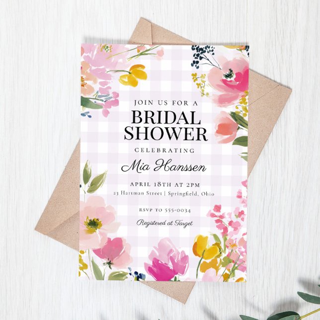 Invitación Ducha de Novia Floral de Primavera de Gingham Lava (Subido por el creador)