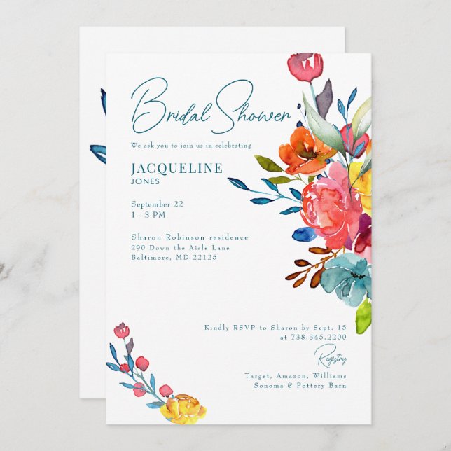 Invitación Ducha de novia floral de primavera vibrante y colo (Anverso / Reverso)
