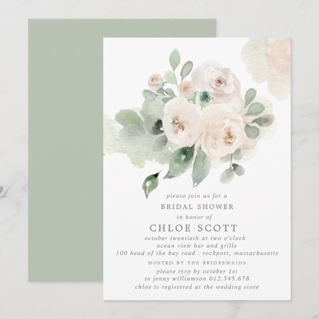Invitación Ducha de novia floral de rosa blanca Eucalyptus (Anverso / Reverso)
