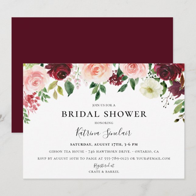 Invitación Ducha de novia floral de Rubor Fall en Borgoña (Anverso / Reverso)