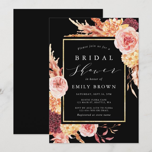 Invitación Ducha de novia floral de terracota negra de Borgoñ (Anverso / Reverso)